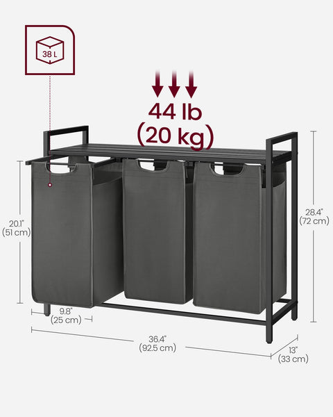 VASAGLE Laundry Basket, Laundry Hamper, Pull-Out and Removable Liner Bag, Shelf, Metal Frame, 65 L, 50 x 33 x 72 cm, Ink Black and Rustic Brown BLH101B01