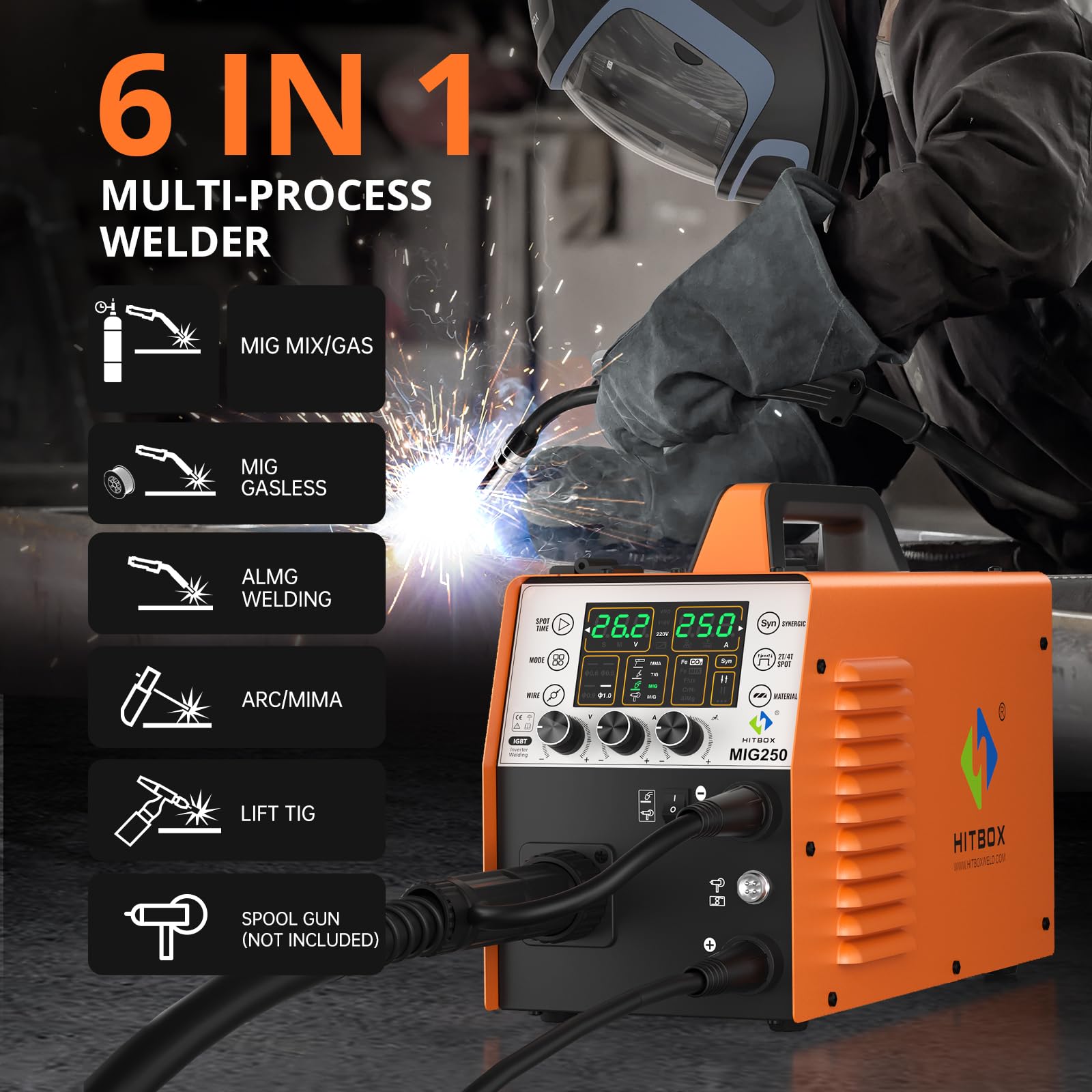 HITBOX 6 in 1 MIG Welder Gas/Gasless 250A 240V LED Digital MIG Welding Machine Flux Solid Wire MIG ARC Lift TIG Inverter Welders, Aluminum Weldable(MIG250)