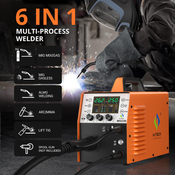 HITBOX 6 in 1 MIG Welder Gas/Gasless 250A 240V LED Digital MIG Welding Machine Flux Solid Wire MIG ARC Lift TIG Inverter Welders, Aluminum Weldable(MIG250)