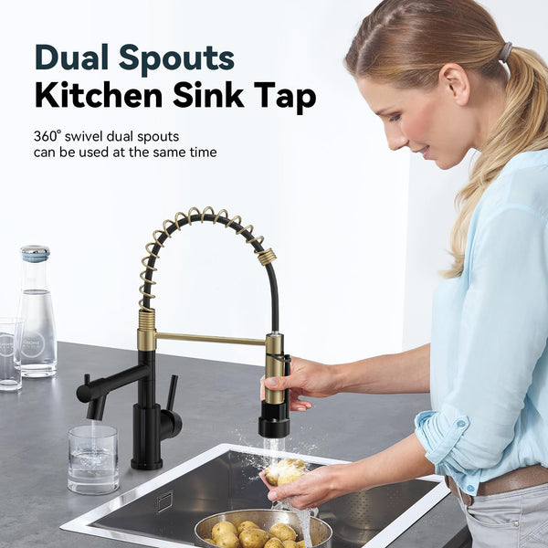 Warmiehomy 5 Modes Kitchen Taps Mixer with Pull Out Spray,High Arc 360° Swivel Dual Spout Pull Down Stainless Steel Kitchen Sink Taps,Brushed Nickel
