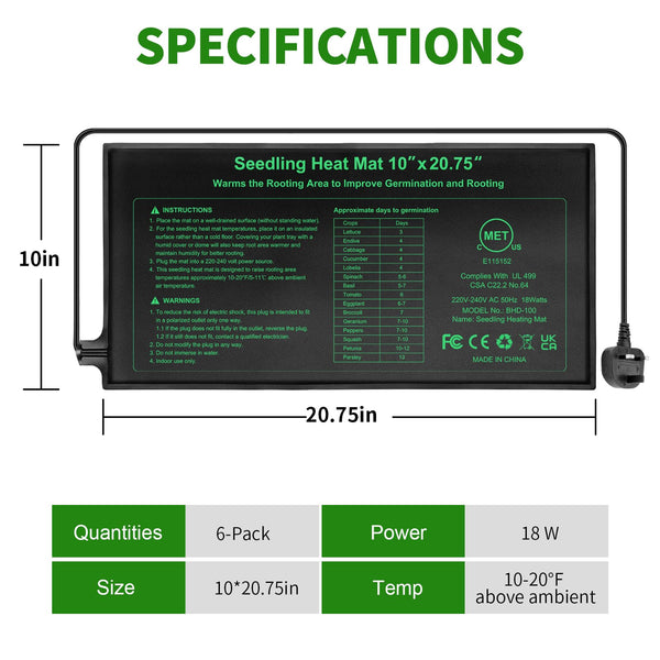 HYDGOOHO Seedling Heat Mat 6 Pack,Waterproof Heat Mat for Seed Starting,10 x 20.75in Plant Heating Mats for Seedling Germination,Hydroponic Reptile