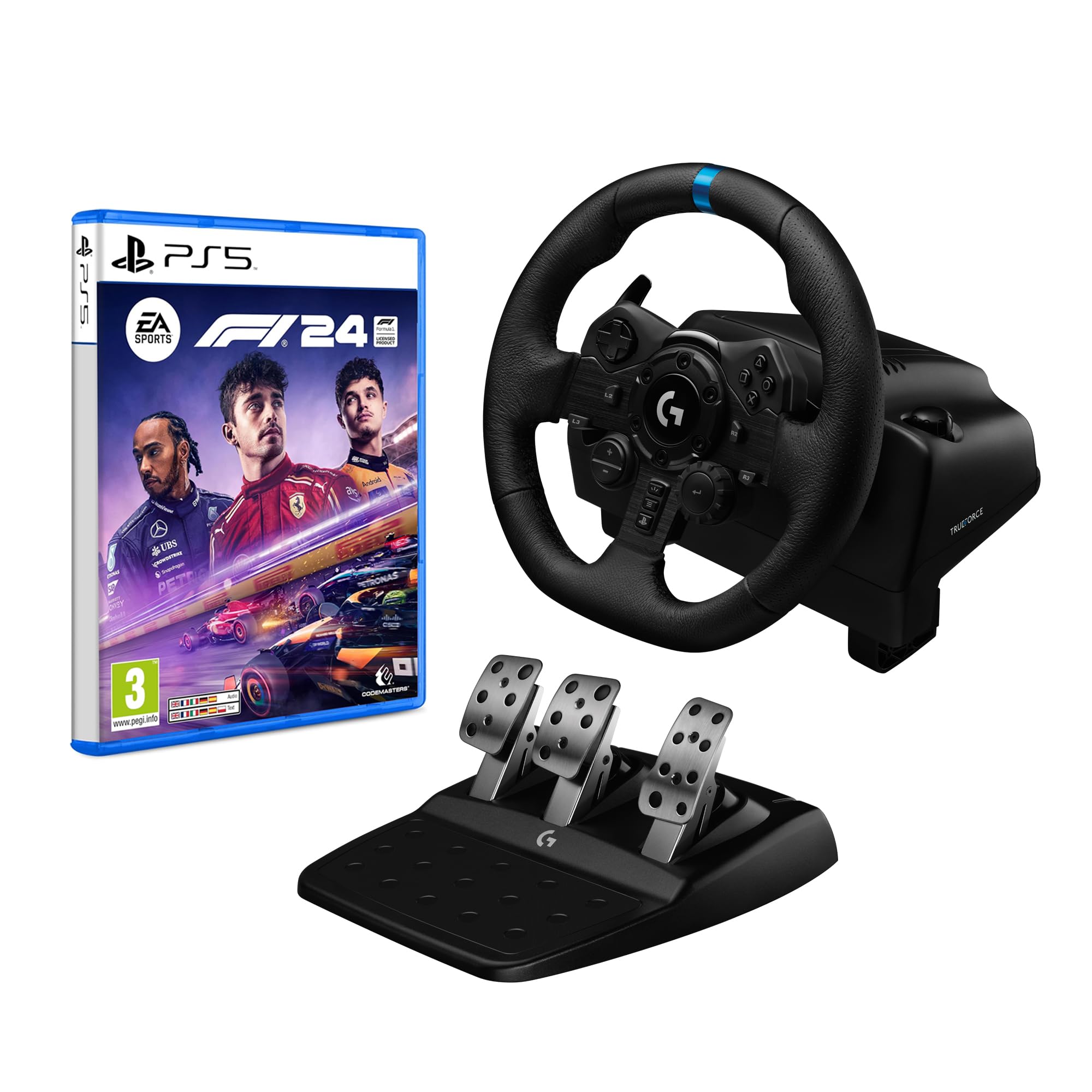 Logitech G G923 Racing Wheel and Pedals, TRUEFORCE up to 1000 Hz Force Feedback, Responsive Driving Design, Dual Clutch Launch Control, Genuine Leather Wheel Cover, for PS5, PS4, PC, Mac - Black
