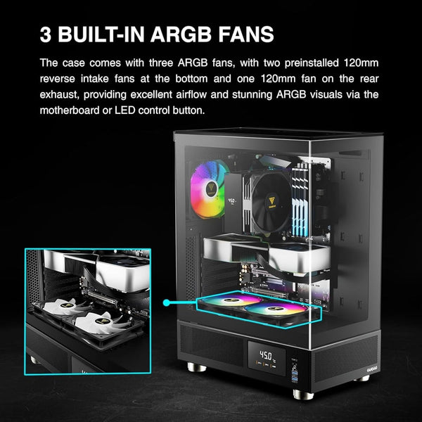 GAMDIAS ATLAS E1 Gaming ATX Mid Tower Computer PC Case, Customizable Digital Monitor w/ Software, 3 x 120mm ARGB Fans, Panoramic Tempered Glass Display, Perforated Airflow Vent PSU Chamber, Black