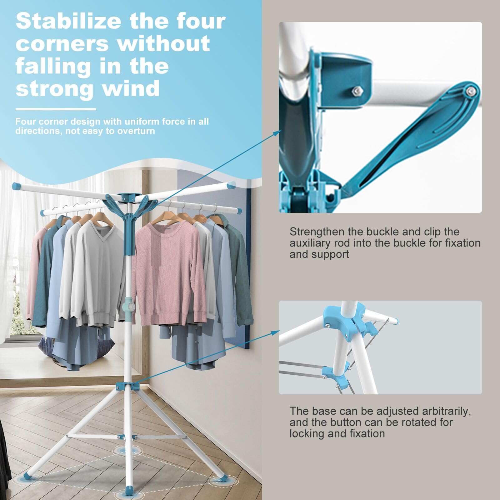 AISIR Clothes Airer Clothes Drying Rack Indoor Outdoor, Clothes Horse Laundry Racks Foldable with 4 Arms for Hangers, Adjustable Height 110-180cm.