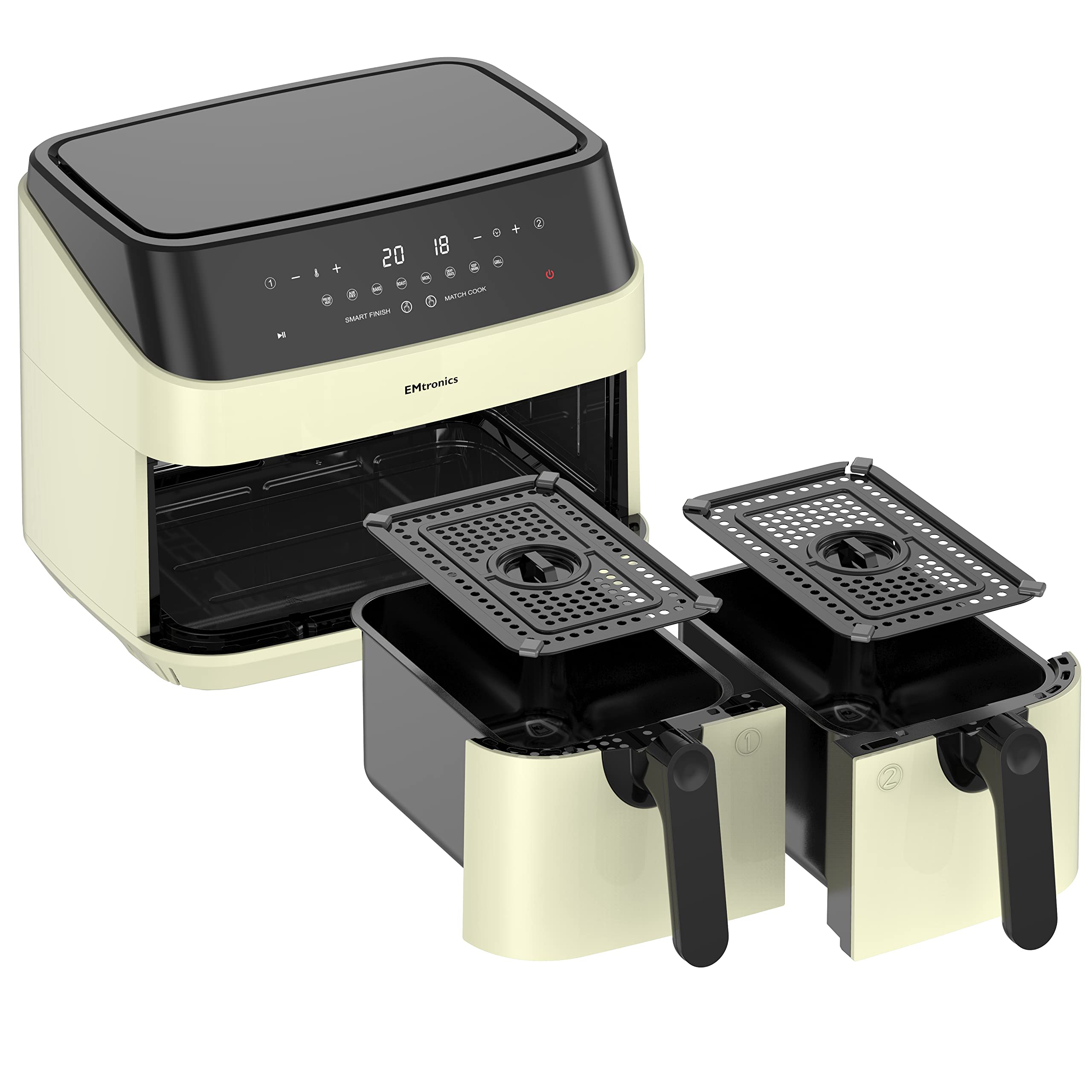 EMtronics EMAFDD9LCR Dual Air Fryer Extra Large Family Size Double XL 9 Litre with 8 Adjustable Pre-Set Menus for Oil Free & Low Fat Healthy Cooking,