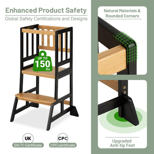 COSYLAND Height Adjustable Kids Kitchen Step Stool with Anti-tip Support Corners - Kids Standing Tower for Kitchen Counter, Bathroom, Nursery (Black)