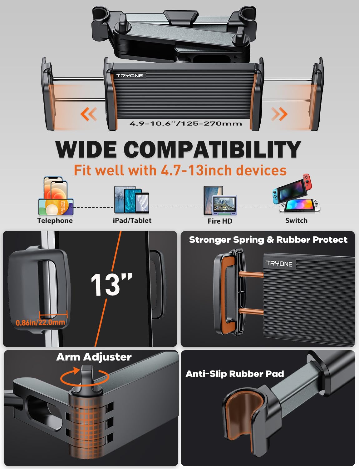 TRYONE Car Headrest Tablet Holder Mount Stretchable Backseat Tablets Stand for Kids, Car Seat Mounts Compatible with iPad Pro 12.9 Air Mini, iPhone, Galaxy Tab, Switch, All 4.7-12.9" Screen Devices