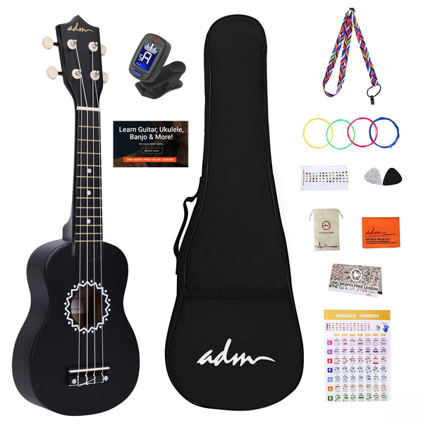ADM Soprano Ukulele Set for Kids and Beginners, Ukulele Starter Kit with Bag, Clip-On Tuner, Rainbow Strings, Colourful Strap, Plectrum, Fingerboard Sticker, Chord Card (Dark Blue)