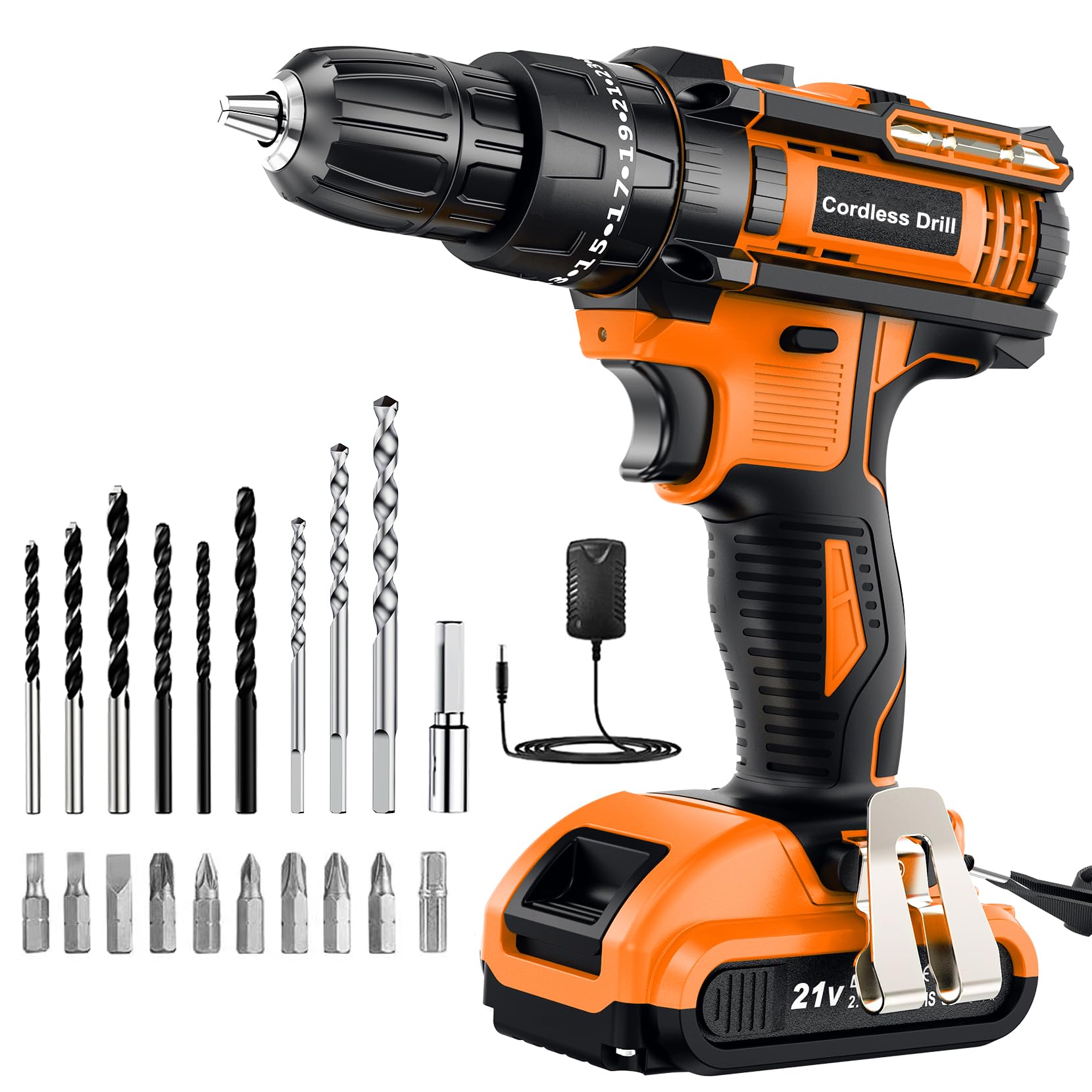 DYJPOW Brushless Cordless Hammer Drill Driver 21V, 2 Batteries 2000mAh, 20+3 Torque, 45N.m Max, 14PCS Drill Bits, 2 Speed, LED Light for Home, Garden DIY