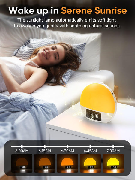 Wake-up Light, Sunrise/Sunset Alarm Clock, 9Min Snooze, Bedroom Night Lamp, 25 Soothing Sounds with 16 Volumes, Weekday/Weekend Dual Alarms, Child/Adult Alarm, Adjustable BT Party/Gathering Lamp