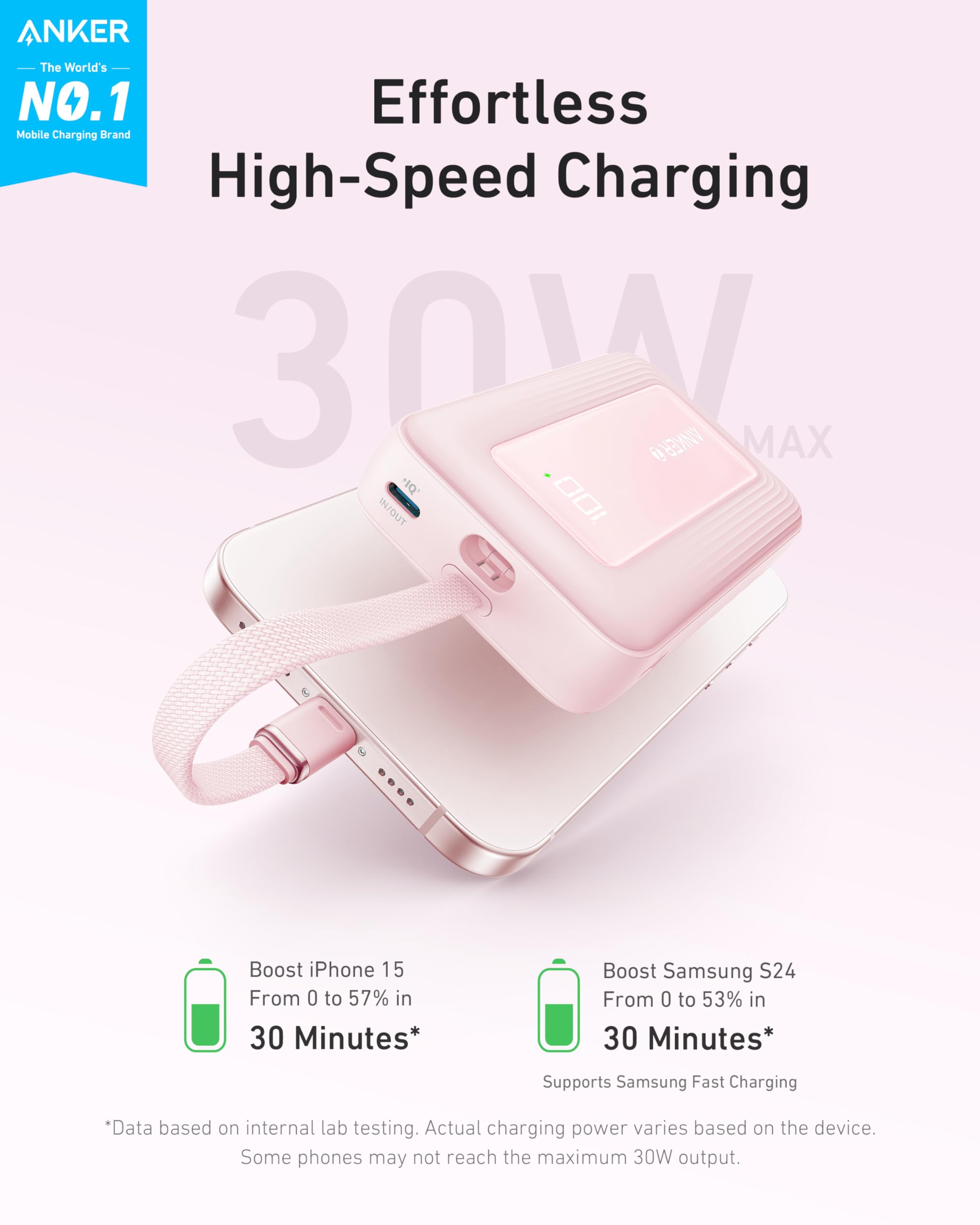 Anker Zolo Power Bank, 10,000mAh 30W High-Speed Portable Charger with Built-In USB-C Cable, Fast Charging Battery Pack for iPhone 16/16 Plus/16 Pro/16 Pro Max/15 Series, Galaxy, iPad, and More