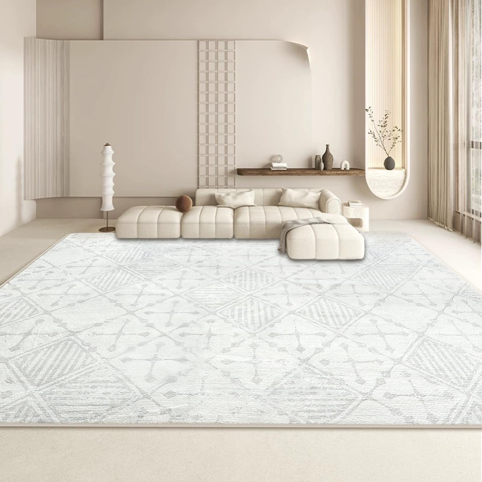 Leesentec Rugs Living Room Extra Large Rug 200x300cm Cream Grey White Abstract Modern Geometrical Short Pile Rugs Easy Care Soft Non-slip Carpet