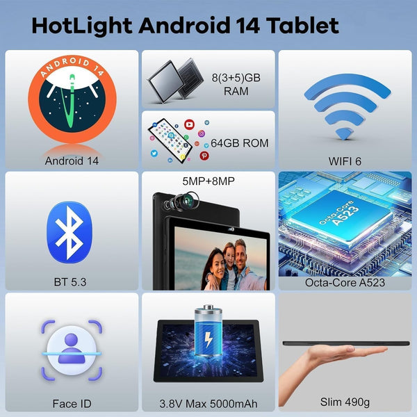 HotLight Tablet 10 inch Android 14 Octa-Core Processor, Face ID, OTG, 8GB+64GB+1TB Expansion, 1280 * 800 IPS, Support Split-Screen, WiFi 6, BT5.3, Dual Camera 5MP+8MP, 5000mAh, Widevine L1(Black)