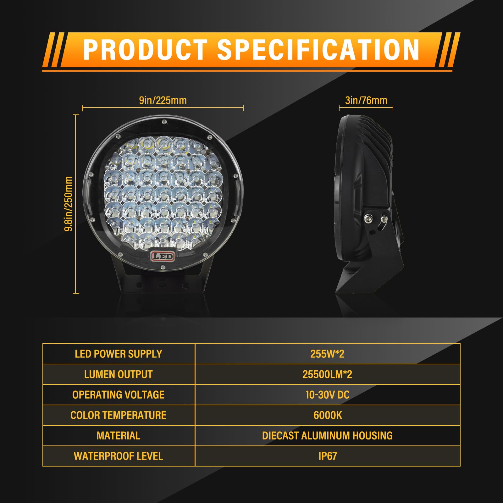 RIGIDON 2 Pcs Black Case Round Led Work Light, 9 inch 294W Spot Beam, 12V 24V Driving Lights Lamp Headlight for Car Off road Boat Truck 4x4 SUV ATV Tractors Excavator, 6000K White, Fog Lamp