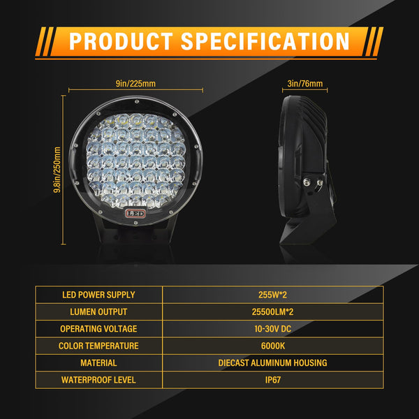 RIGIDON 2 Pcs Black Case Round Led Work Light, 9 inch 294W Spot Beam, 12V 24V Driving Lights Lamp Headlight for Car Off road Boat Truck 4x4 SUV ATV Tractors Excavator, 6000K White, Fog Lamp