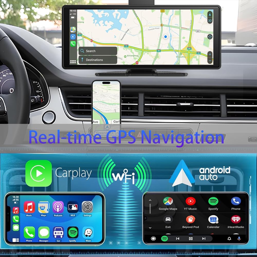 10.26" Wireless Carplay Screen 360 Rotation 4K Dash Cam Carplay & Android Auto Car Stereo Car Audio Receivers with 1080p Backup Camera GPS Navigation/Mirror Link/Voice Control/Siri