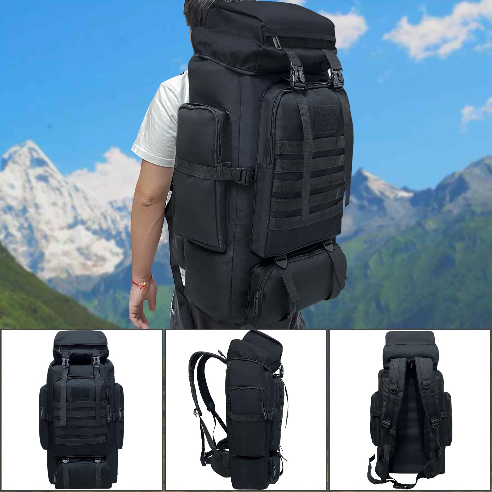 Ogetok 80L Hiking Backpack Camping Rucksack, 80 liters Large Capacity Outdoor Knapsack Travel Climbing Mountaineering Carry On Backpack Bag, Trekking Backpacking for Men Women, Black