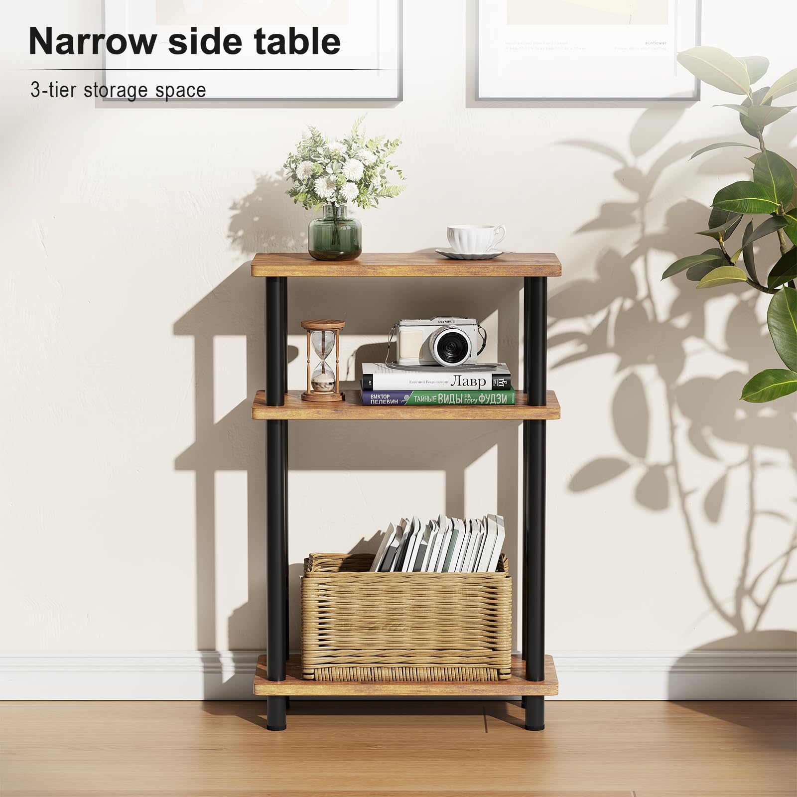 APICIZON Narrow Side Table, Slim Small Table, 3 Tier End Table Living Room, 40x18x61.5cm, Modern Thin Side Tables for Living Room, Bedroom, Sofa,