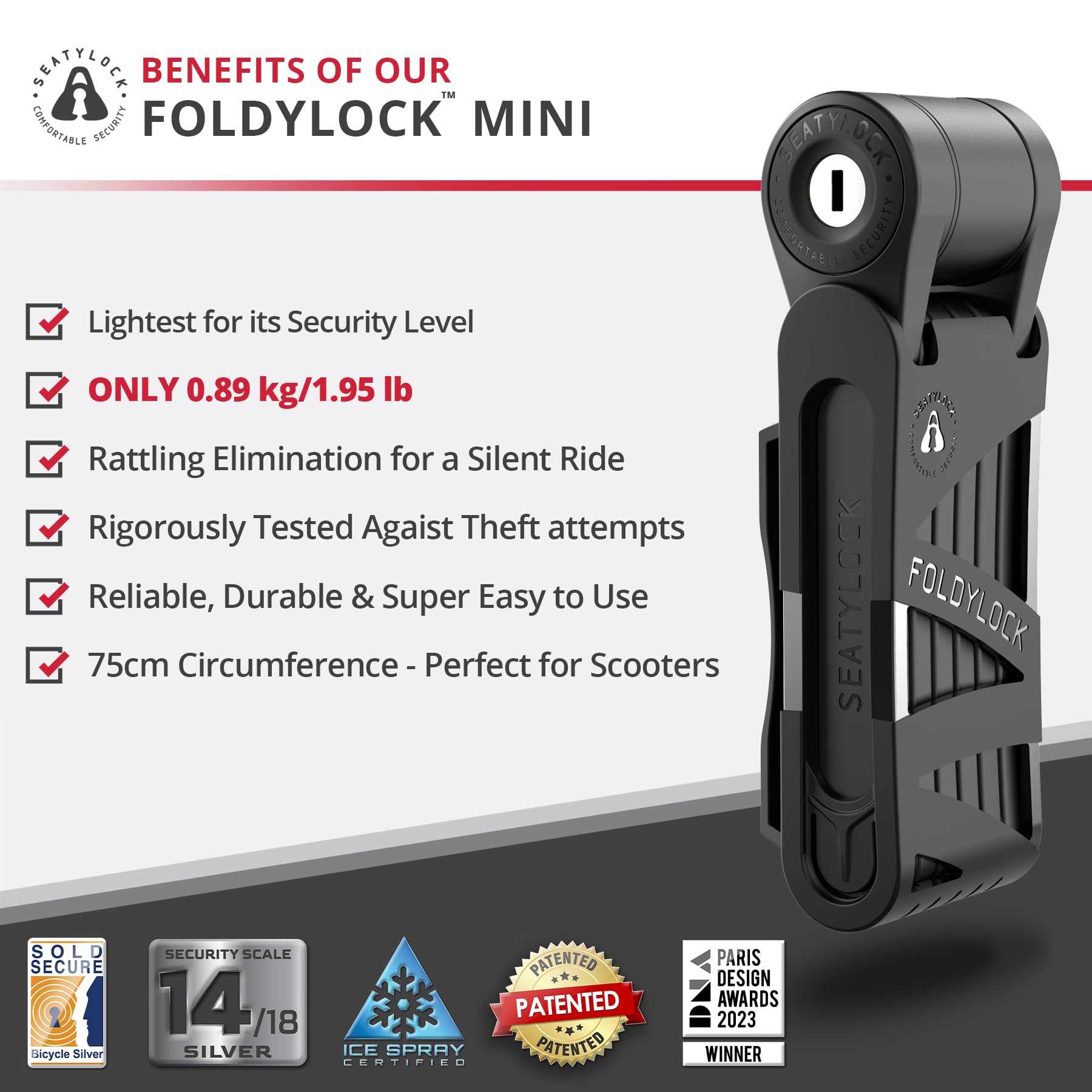 FoldyLock Mini Folding Bike Lock with Key - Patented Lightweight Heavy Duty High Security Anti Theft - Cut Proof Silver Sold Secure Bicycle Lock for