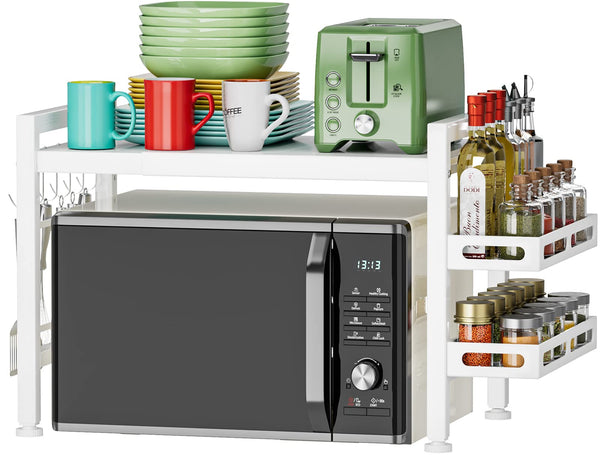 EKNITEY Microwave Shelf Stand - Expandable Countertop Microwave Stand - 2 Tier Pan Rack Microwave Oven Rack with Spice Organizer and 6 Hooks for