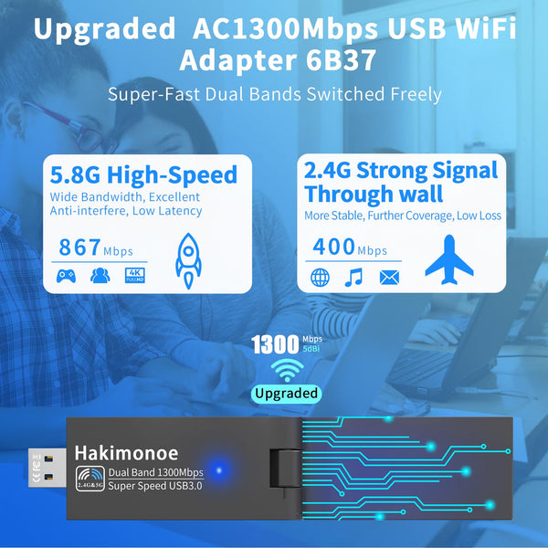 AC1300 USB 3.0 WiFi Adapter for PC, Super-Fast Wireless Network Card Dongle High Gain 5dBi Antenna Dual Band 2.4G/5GHz w/USB Driver for Win 11 10 8.1 8 7 Laptop Desktop, Plug n Play