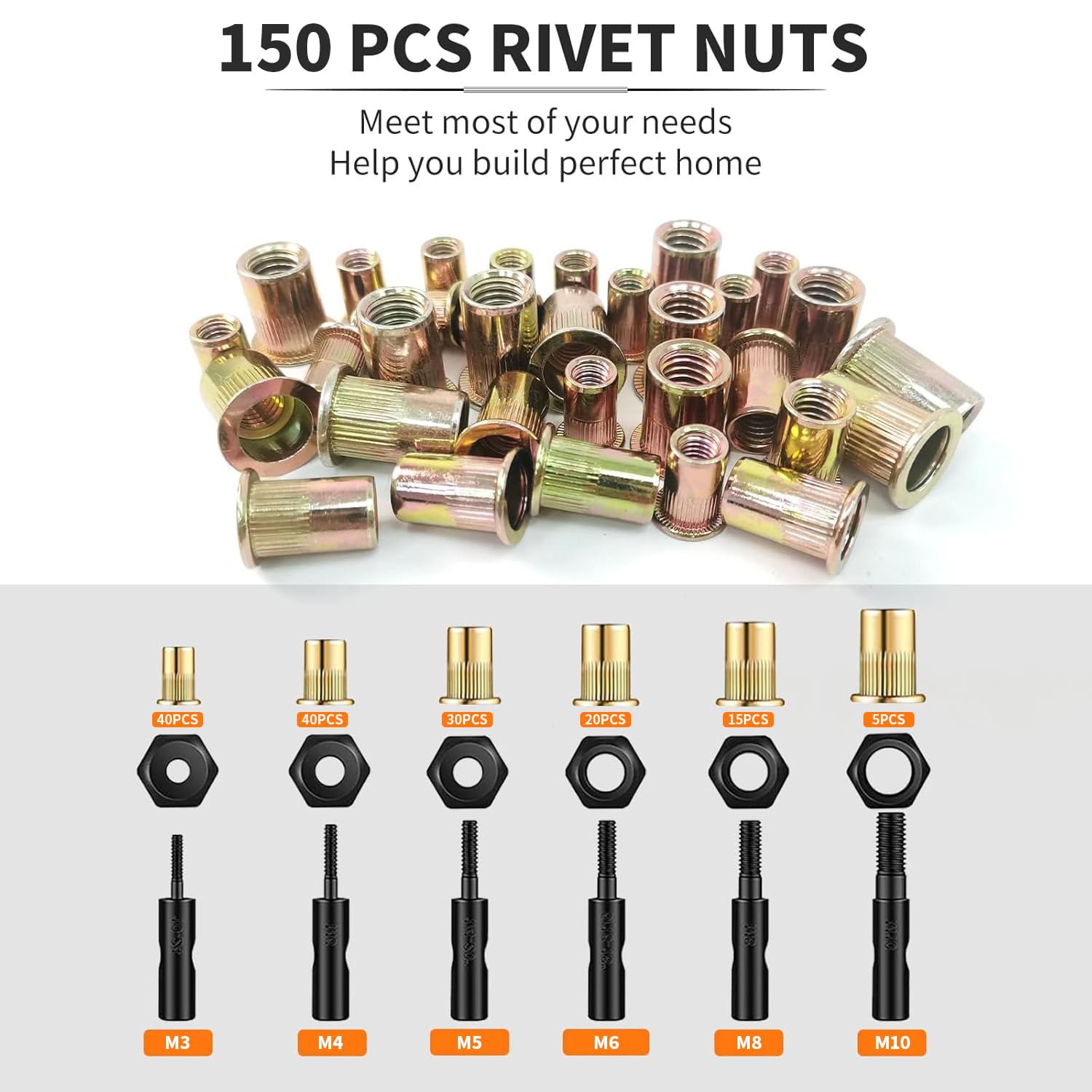 HARDELL Rivet Nut Tool, 14" Rivnut Tool with 100 Pcs Rivet Nuts and 7 Metric & Inch Mandrels M6 M8 M10, 1/4-20, 5/16-18, 3/8-16, 10-24 and Rugged Carrying Case