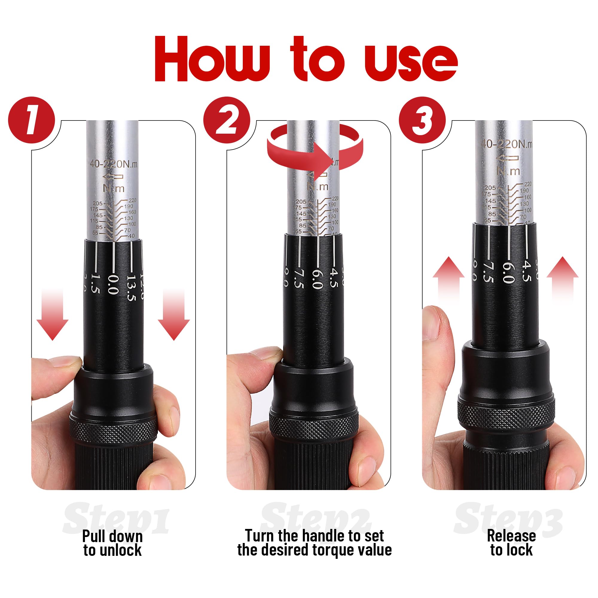 Torque Wrench Set 1/4 5-25Nm, 3/8 20-120Nm, 1/2 40-220Nm, 72 Tooth Dual-Direction Reversible Click Torque Wrenches for Bike Motorcycle, Car, Truck