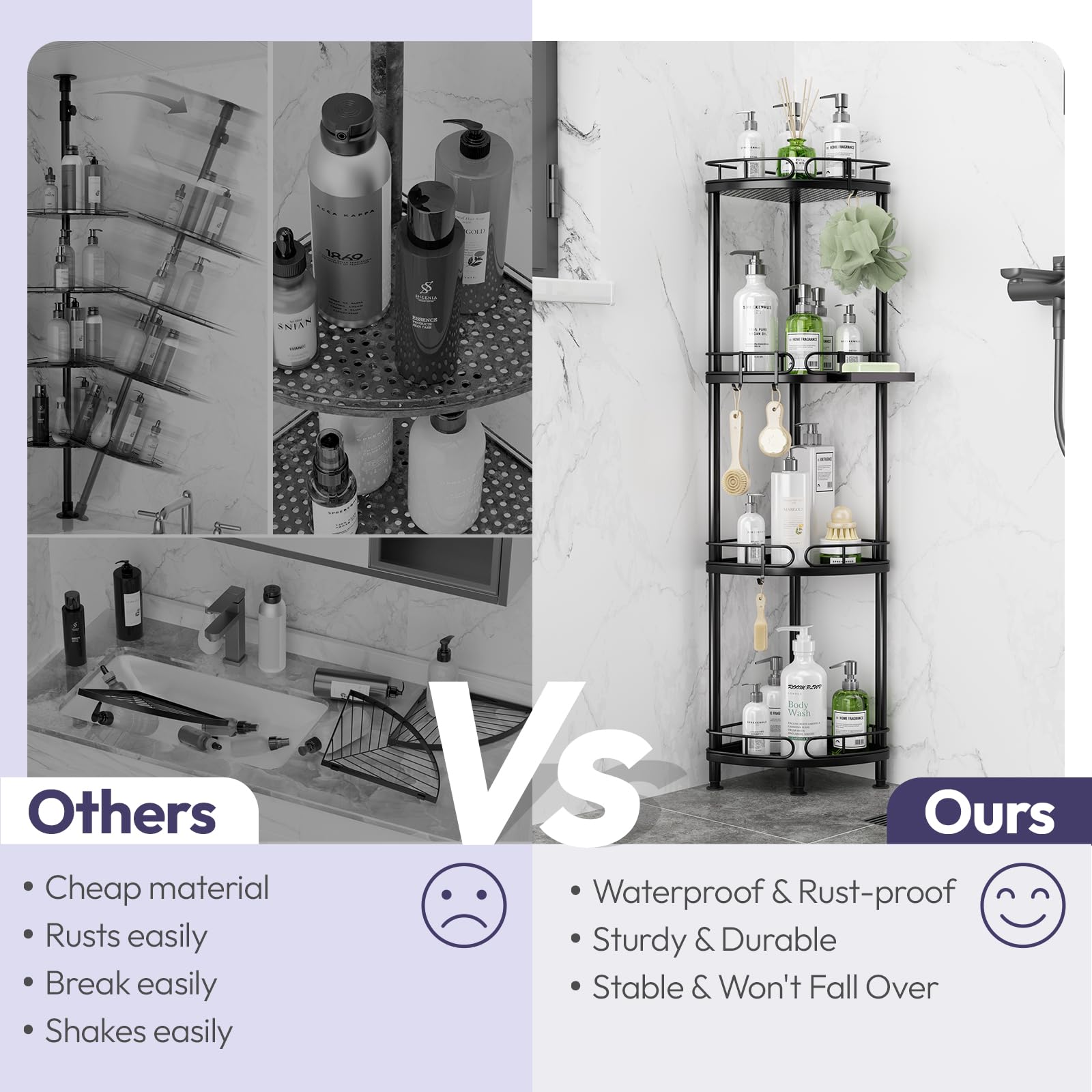 SWTYMIKI Corner Shower Caddy Standing - 4 Tier Stainless Steel Shower Organizer Stand with 4 Hooks & Soap Holder, Rustproof Metal Standing Tall Floor