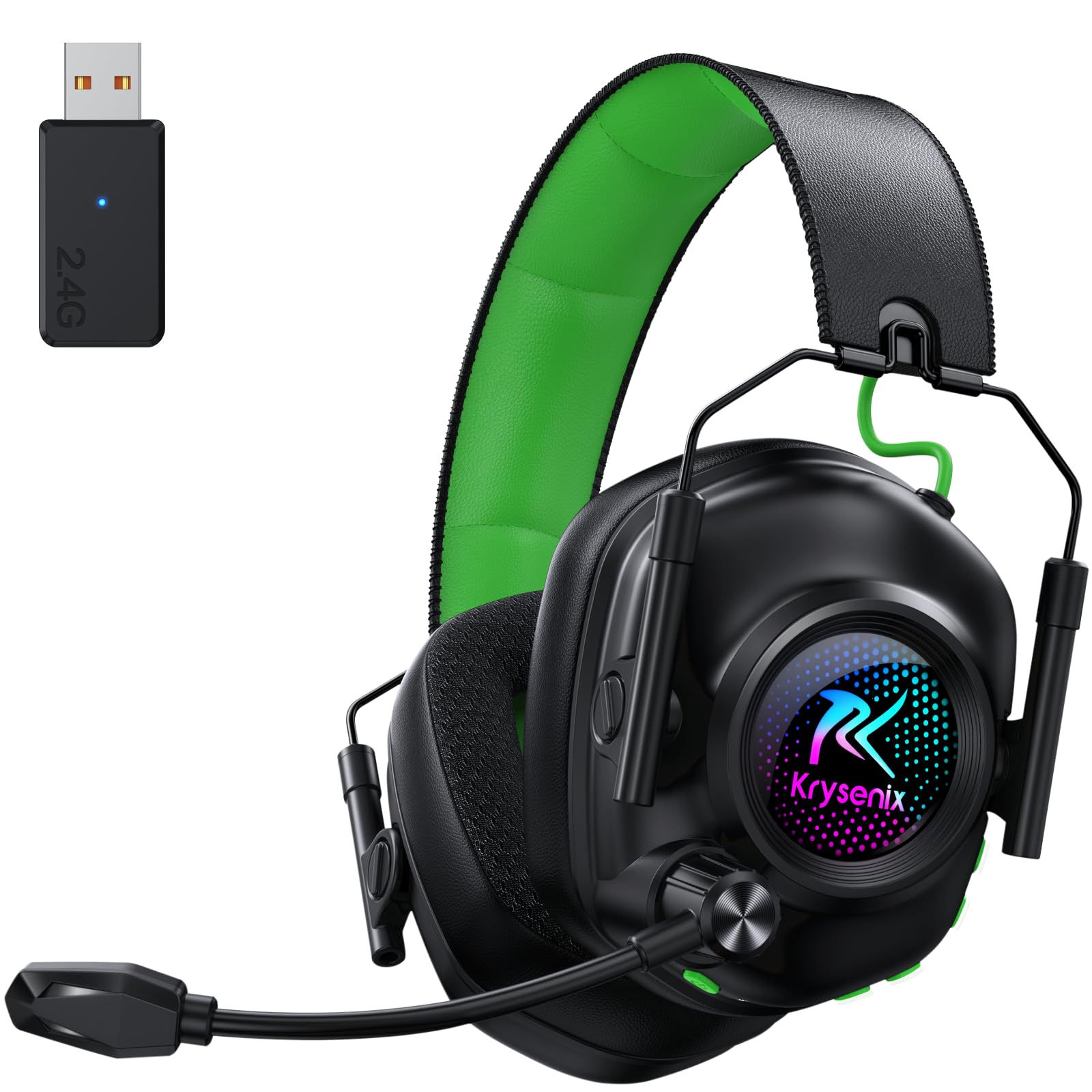 Krysenix KGH2 Wireless Gaming Headset for PS5, PS4, PC, Switch, 2.4GHz Bluetooth Wireless Headphones with Mic, Gaming & Music Dual Mode, ENC, Foldable, Cool LED, 40+ Hrs Battery, White Black