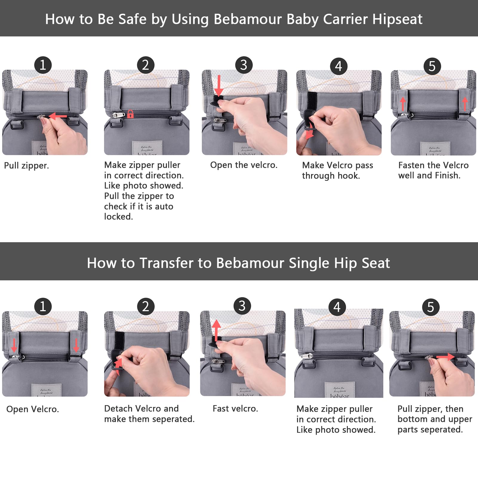 Bebamour Baby Carrier Newborn to Toddler Baby Carrier Hipseat 0-36Months with Head Hood, 3 PCS Teething Pads, Waist Extender, Grey