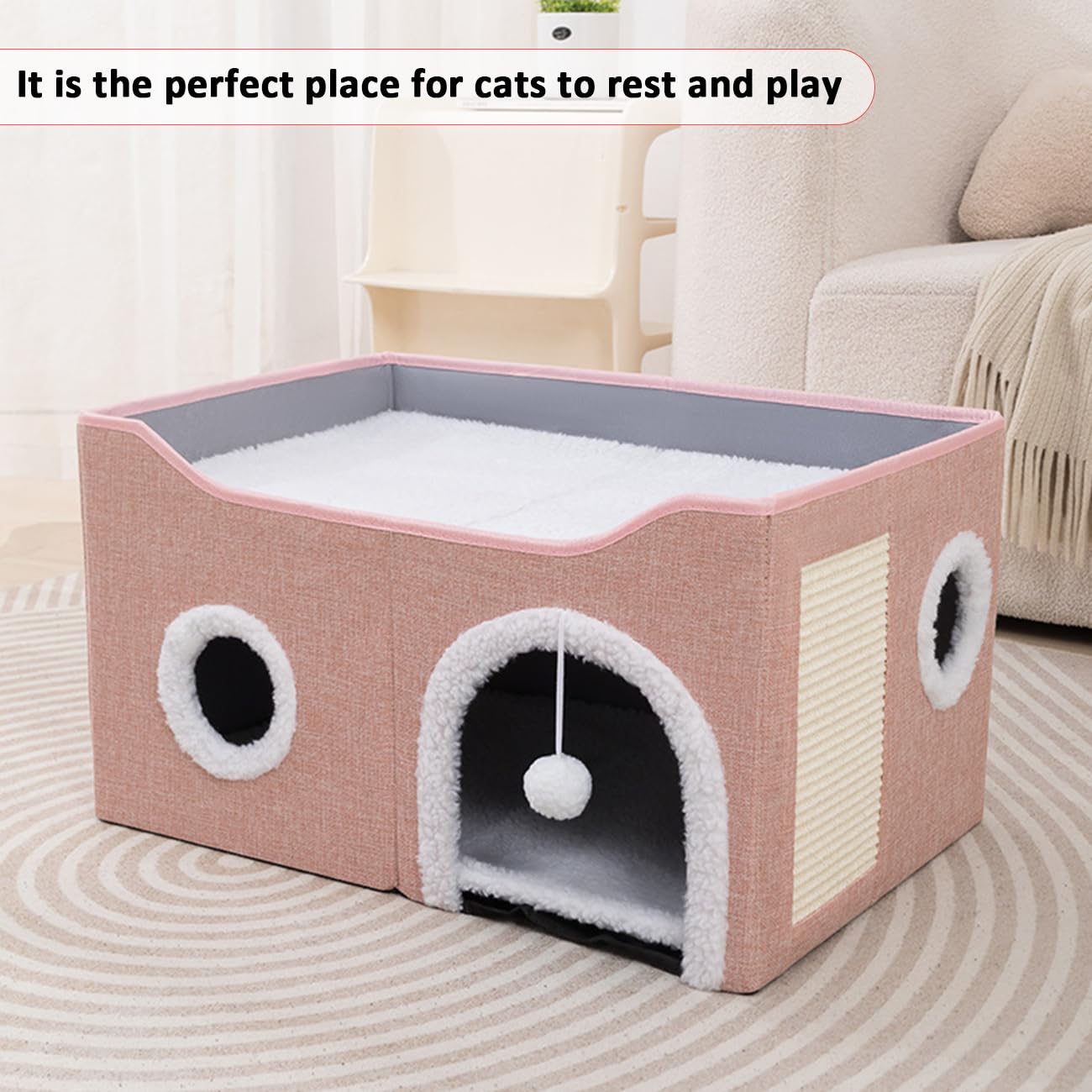 ERNAN Cat Beds,Cat Bed for Indoor Cats, Foldable Cat House,Large Soft Cave Bed with Scratching Board for Small Medium Pets (Pink, M)