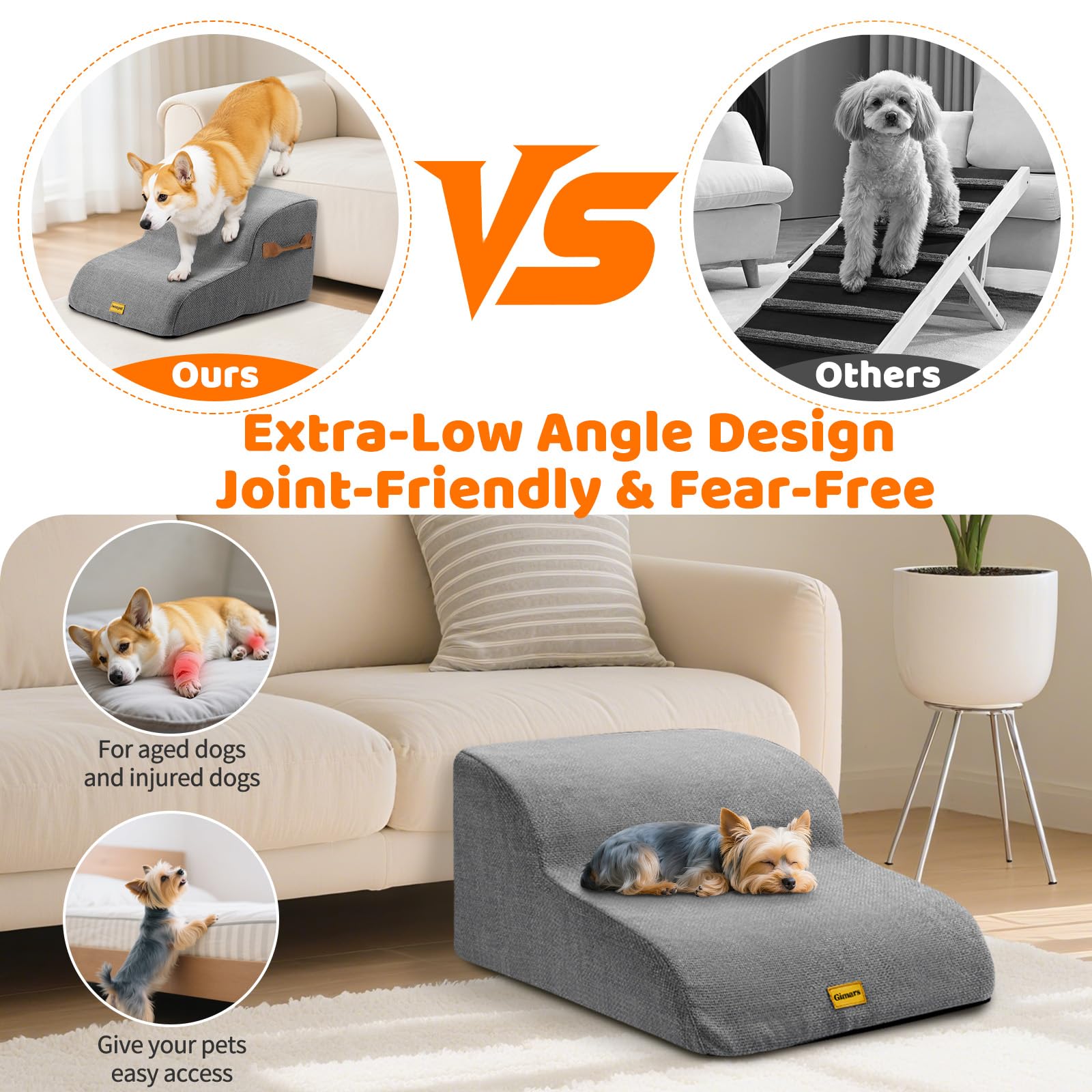 Gimars 30D High-Density Foam & Extra-Wide, Stable 3-Step Dog Stairs, 40cm High Pet Stairs with Washable Cover & Non-Slip Base, Portable Ramp for Small Dogs to Sofa, Bed, Couch, Car