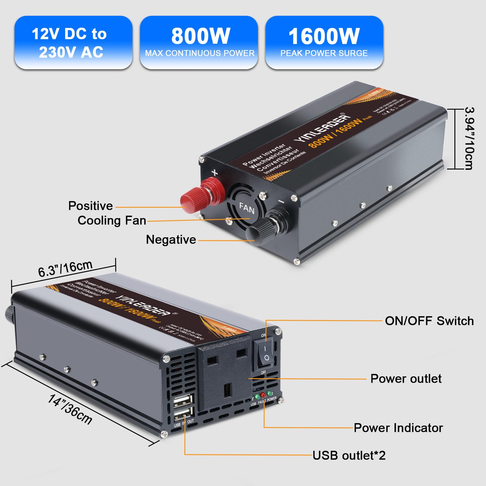 Yinleader Power Inverter 1600W DC 12V to AC 230V 240V Car Converter with UK AC Outlet and Dual USB Ports