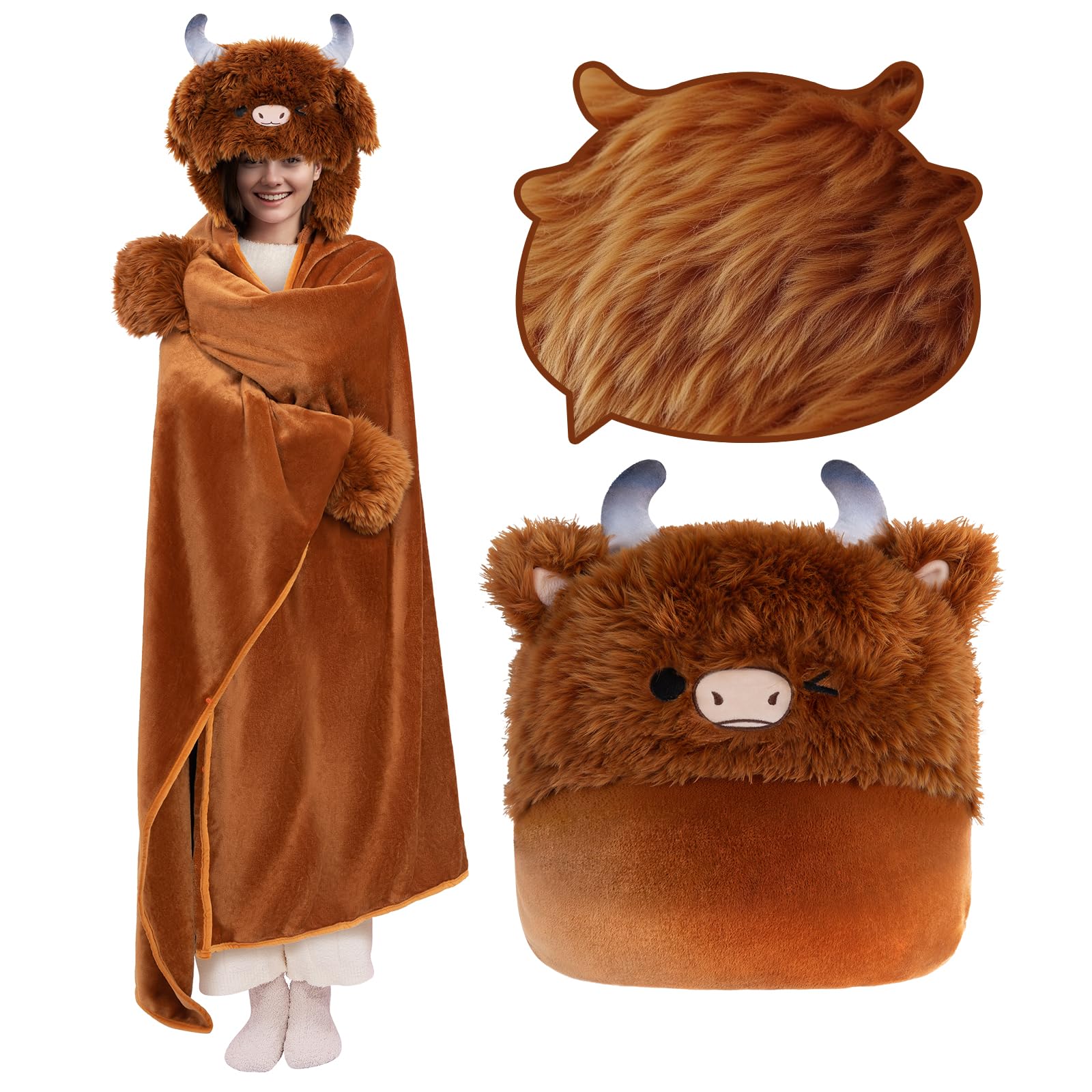 Mewaii Oversized Wearable Blanket Hoodie  Kawaii Highland Cow Hooded Cloak, Soft Plush Flannel Blanket Hoodie, Unisex Cozy Blanket as Birthday Gifts