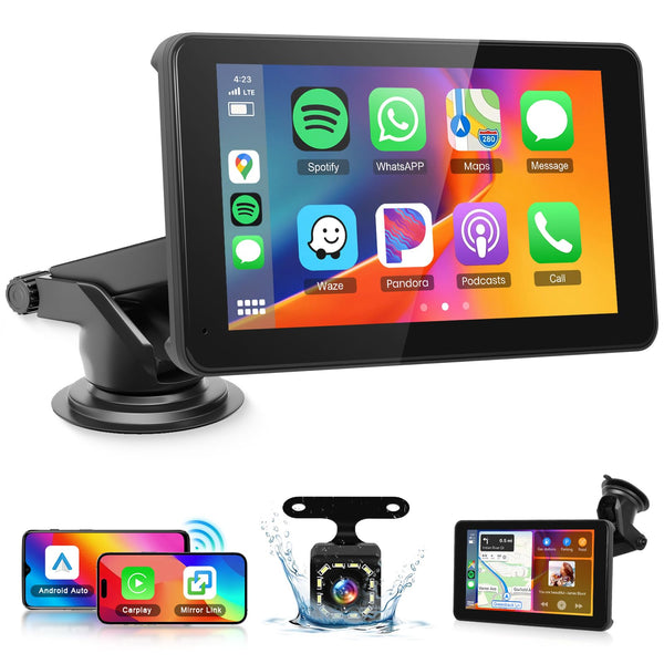 Wireless Carplay Android Auto Screen Portable Car Stereo, Hodozzy 7 Inch HD IPS Touch Screen Car Radio with OTA SuperLink/Mirror Link/Bluetooth/Voice Control/AUX/FM Transmitter+HD Backup Camera