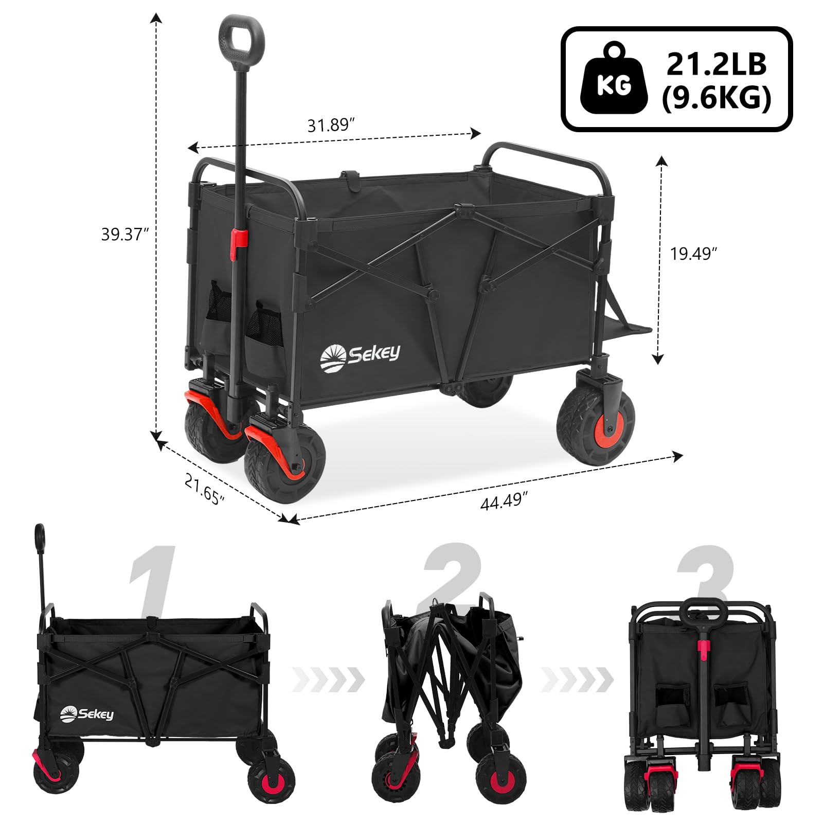 Sekey 332L Folding Festival Trolley with Expandable Tailgate, Patented Design Beach Cart - Diamond Collapsible, Wide All-Terrain Wheels, Brake, 350LB Load Capacity Heavy Duty Wagon for Camping, Black