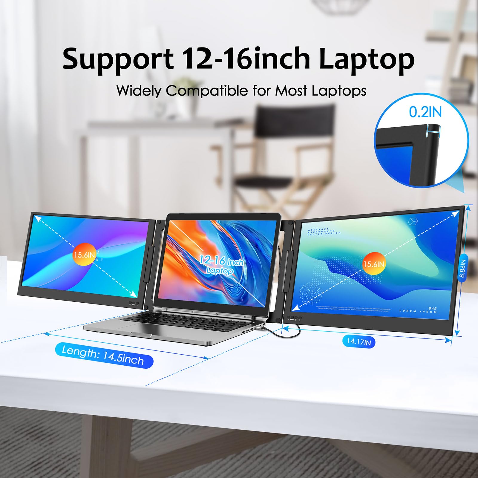 KPKUE 15.6" Laptop Screen Extender, FHD One Cable Monitor Extender, Dual Screen IPS Triple Screen Monitor Fits with 12''-16'' Laptop Compatible Mac Windows Chrome