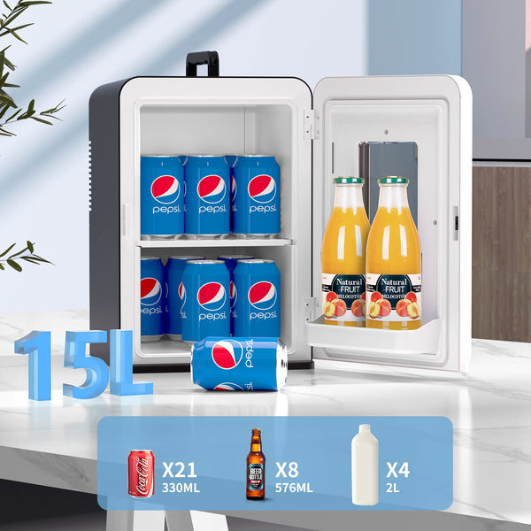 Mini Fridge 15 Liter/21 Cans, Upgrade Portable AC+DC Power Small Fridge for Bedroom, Car, Office, Thermoelectric Cooler and Warmer Skincare Fridge for Food, Drinks, Cosmetics, Max & ECO Mode