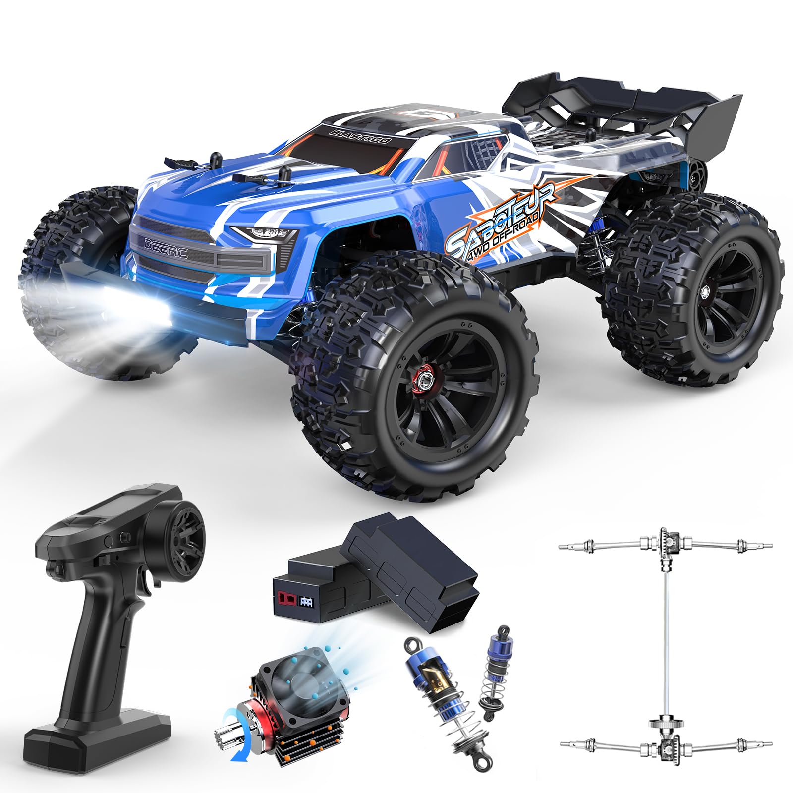 DEERC Remote Control Car 1:10 Scale RC Cars 48+ KM/H High Speed 40+Min Play, 4WD All Terrains Off Road Radio RC for Adults and Kids Hobby RC Truck Vehicle, 2 Battery Crawler Toy Gift for Boys