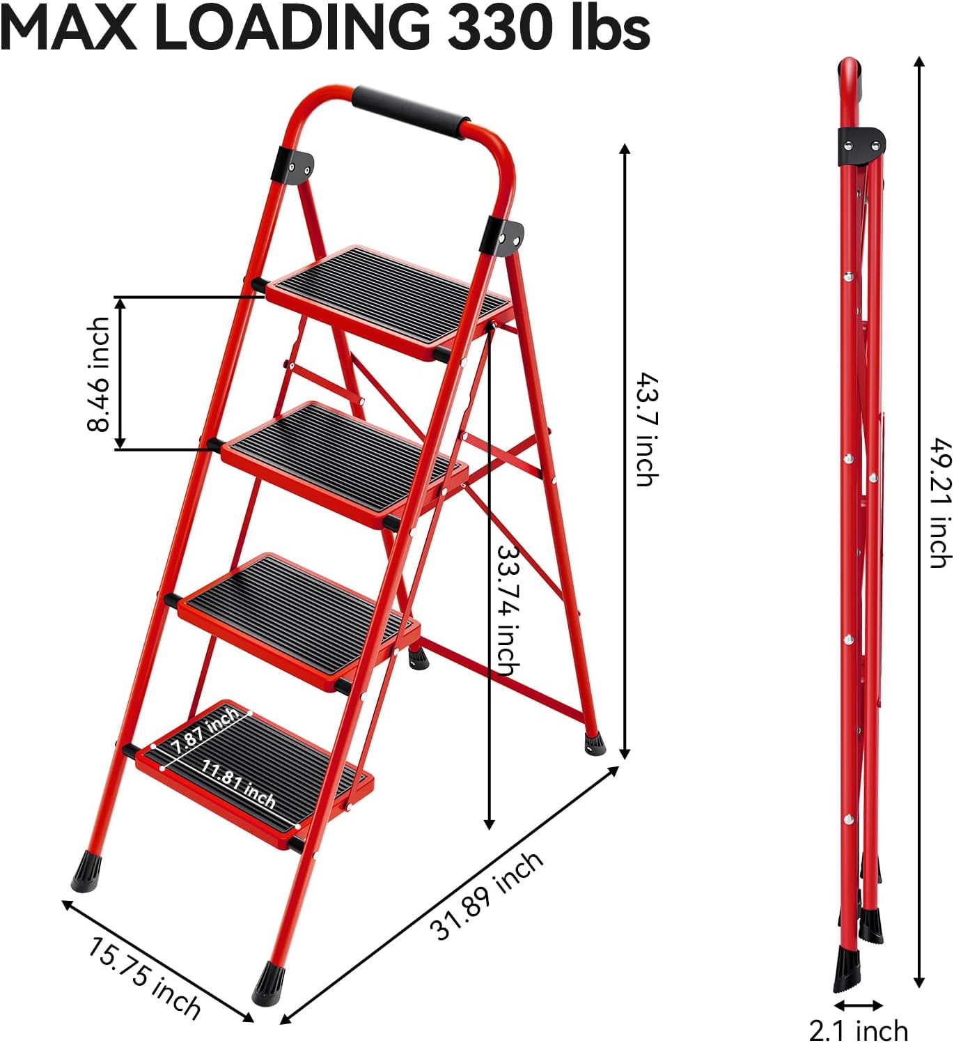 KINGRACK Folding 3-Step Ladder with Non-Slip Pedals, Sturdy Steel, Lightweight & Portable, Red