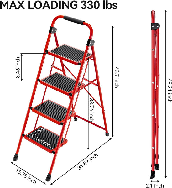 KINGRACK Folding 3-Step Ladder with Non-Slip Pedals, Sturdy Steel, Lightweight & Portable, Red