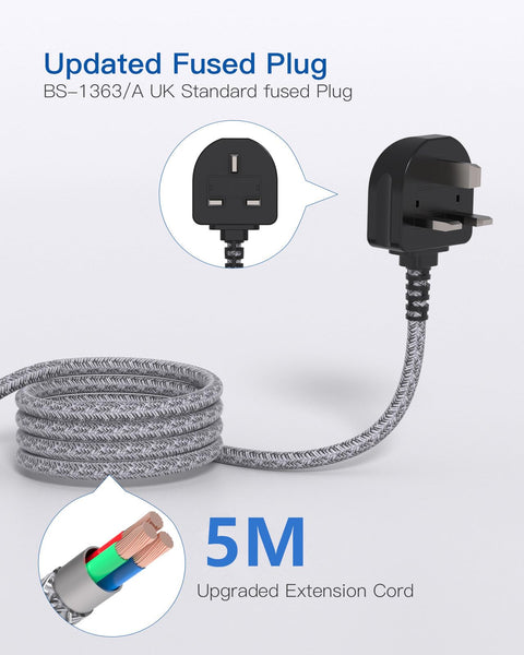 Black Extension Lead with USB Slots，6 Way Outlets 5 USB(5A, 1 USB- C and 4 USB-A Port) with 1.6M Braided Extension cord, 3250W Overload Protection，Security Surge Protection Plug Extension Socket