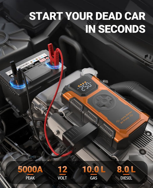Jump Starter Power Pack with Air Compressor & Tyre Inflator, 5000A Car Battery Booster(for 10L Petrol or 8L Diesel) 12V Jump Starters Power Bank with Jump Leads, 18W Fast Charging, LCD Screen, LED