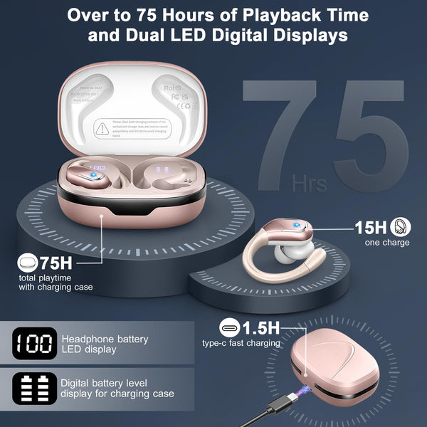 Wireless Earbuds, Bluetooth 5.4 Headphones with ENC Mic, 75H Stereo Noise Cancelling Ear Buds, Wireless Headphones with Sports Earhooks, LED Display, IP7 Waterproof Bluetooth Earphones for Running Gym