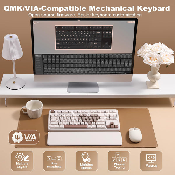 YUNZII B87 Wireless Mechanical Keyboard,QMK/VIA Software Custom Gaming,Gasket RGB Keyboard with Cute MOA Keycaps,Wrist Rest,BT5.0/2.4G/USB-C NKRO for Win/Mac (butter, milk v2 linear)