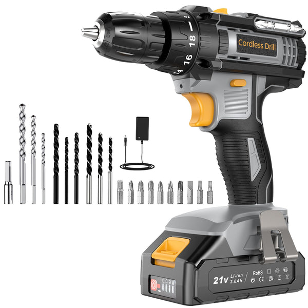 LEEIKOO Cordless Drill, 21V Electric Drill 42N.m with 2.0Ah Battery, Combi Set 10mm Chuck, 2 Speeds, 18+1 Torque, LED Light, 20pcs Drill Set for Garden DIY Project, Grey