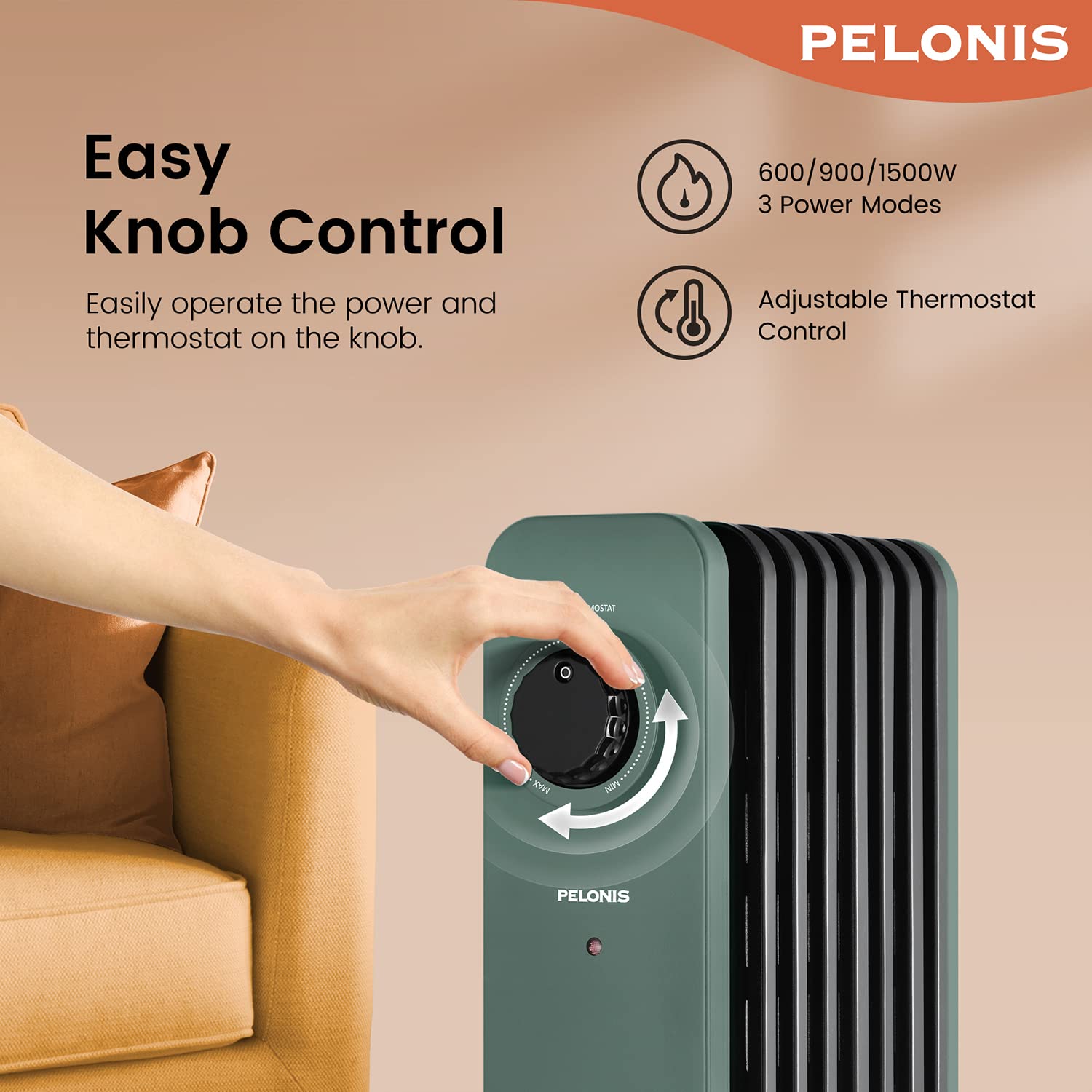 PELONIS Electric Radiator with Adjustable Thermostat and 3 Heat Settings, Oil Filled Heater with Overheat Protection (2500W, Knob Control)