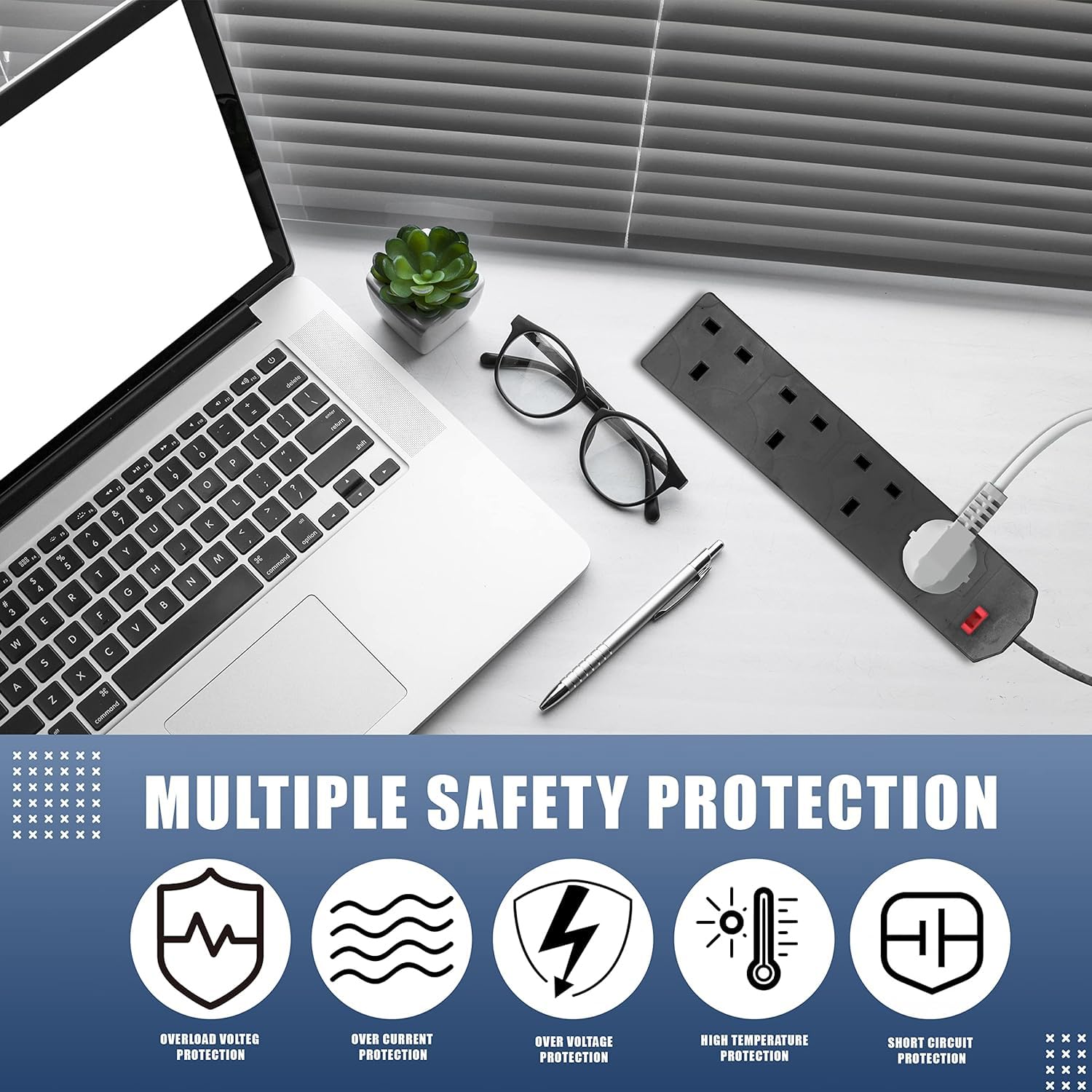 K-MART Heavy Duty Extension Lead UK Pin Plug and Cable, 4 Gang Way 2m Power Adapter, Multi Socket Mains Strip (White, 1 Pack)