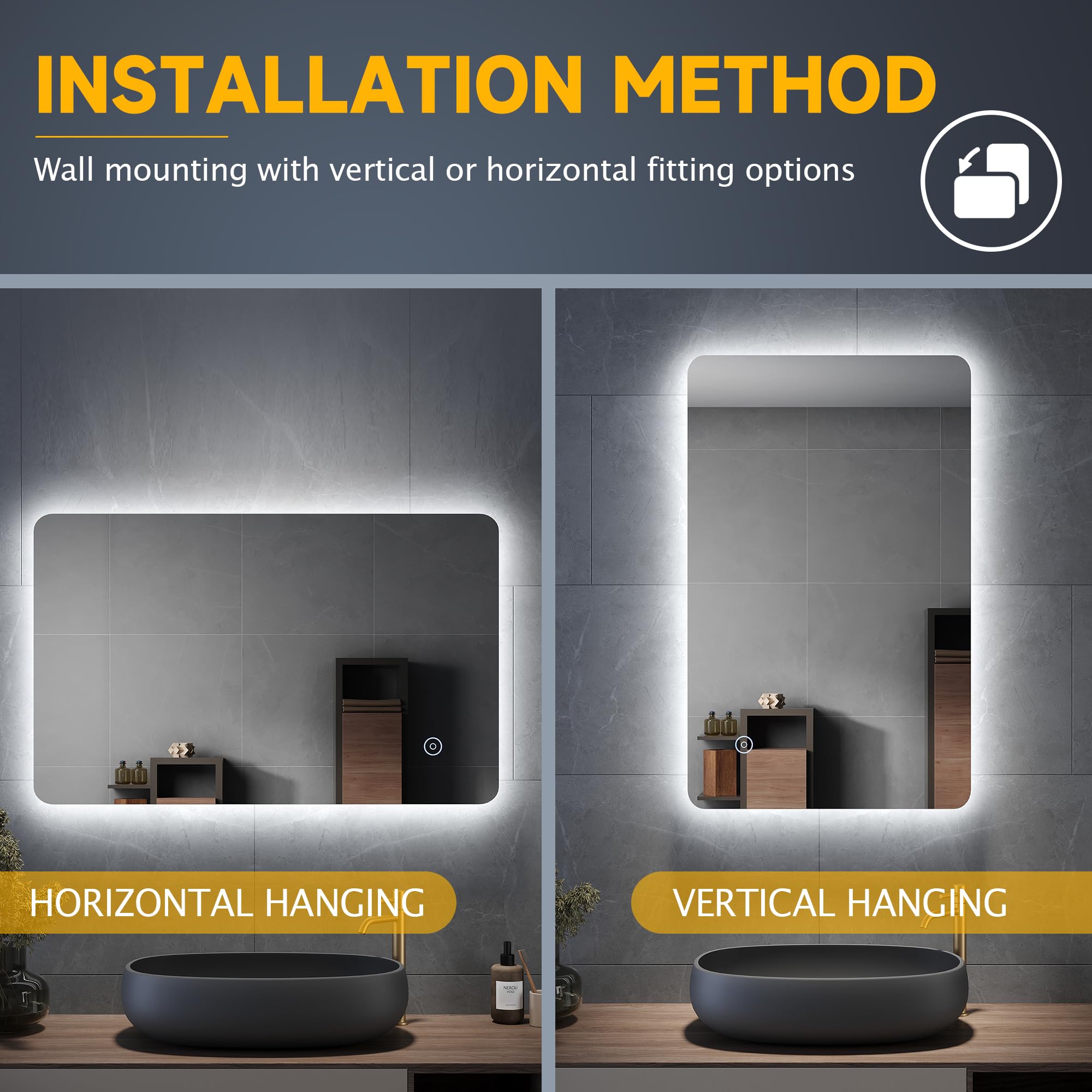 ELEGANT 800 x 500mm Backlit LED Illuminated Bathroom Mirror with 3 Colors Dimmable + Demister