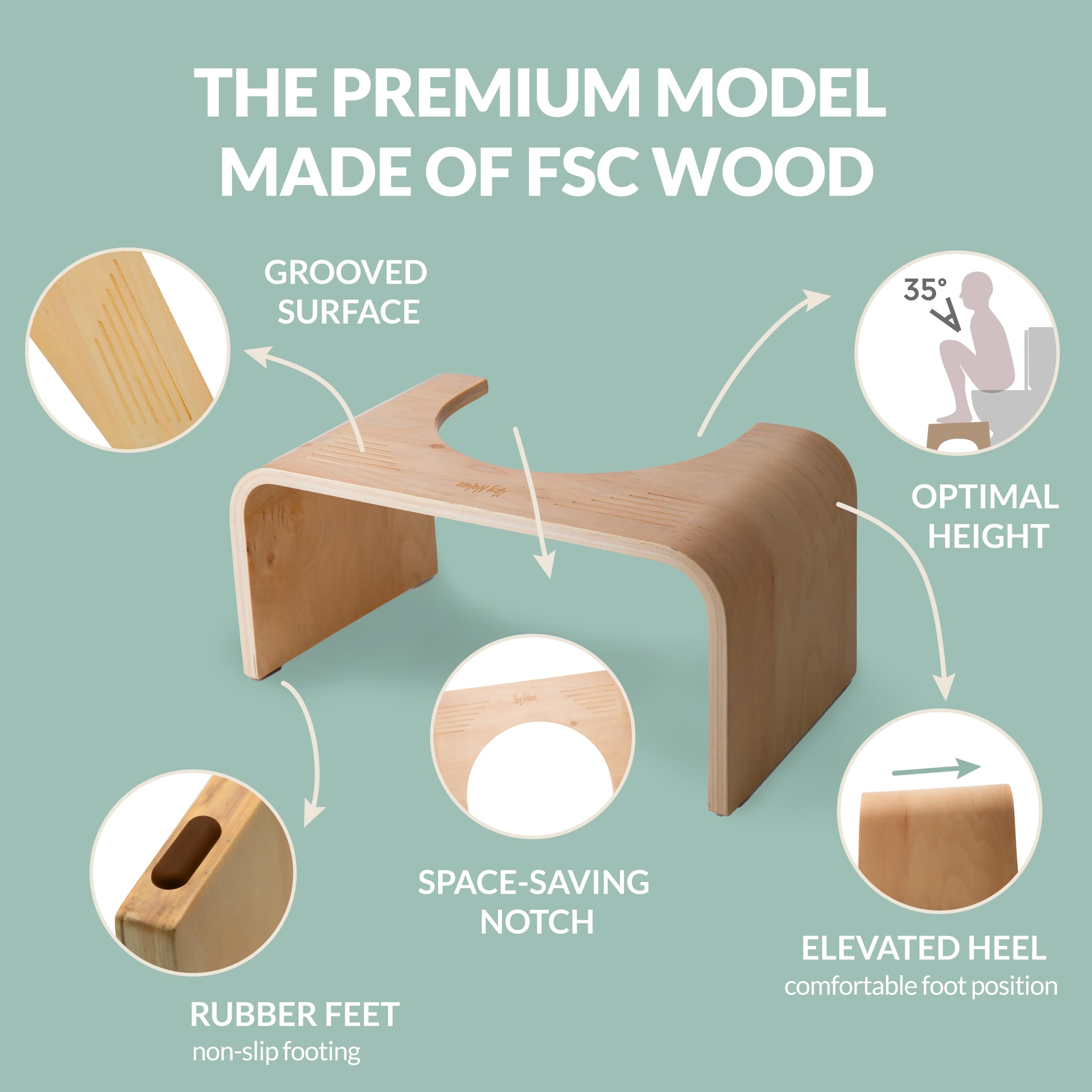 Hey Nature HOCA Wooden Toilet Stool, Medically Tested Poop Stool for Adults, Made of FSC Wood, Bathroom Stool Against Haemorrhoids, Constipation, IBS